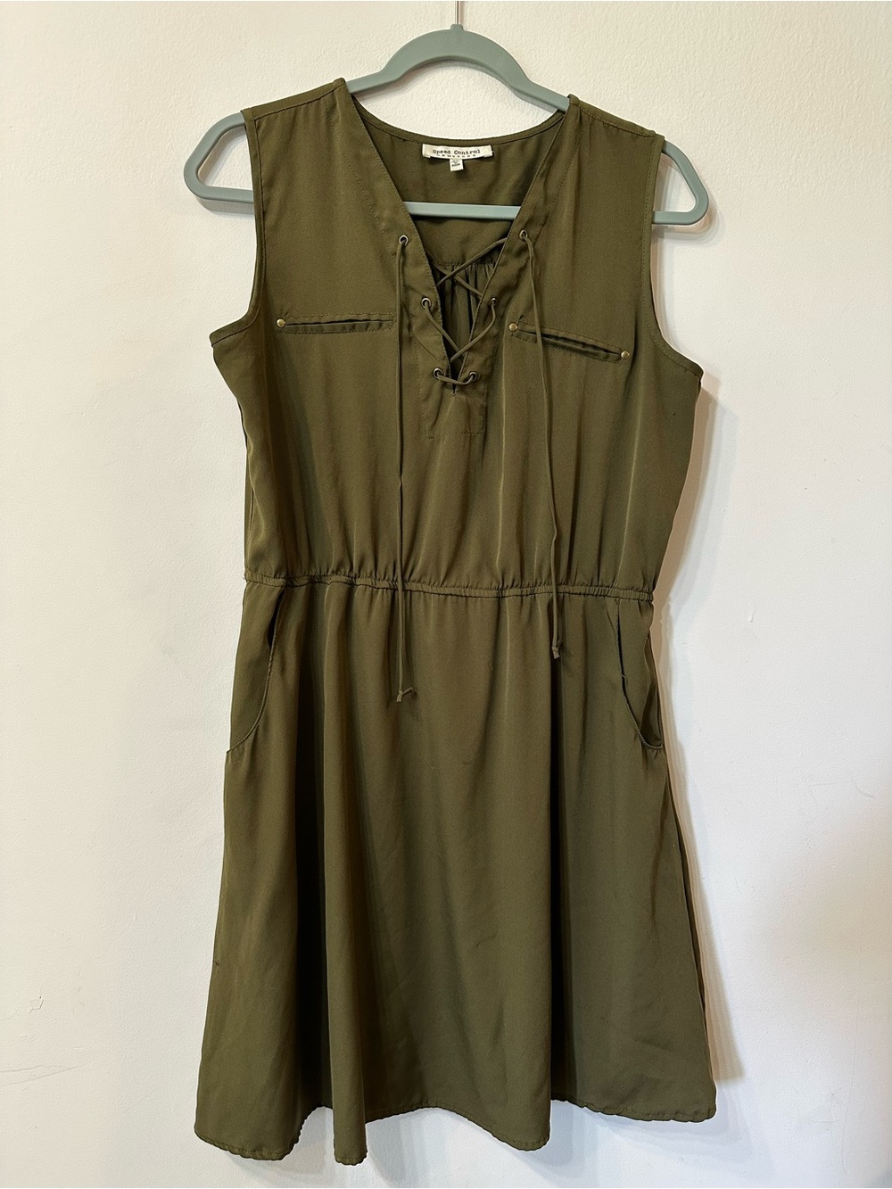 Speed Control New York Casual Utility Mini Dress Olive Green Lace Up Front M